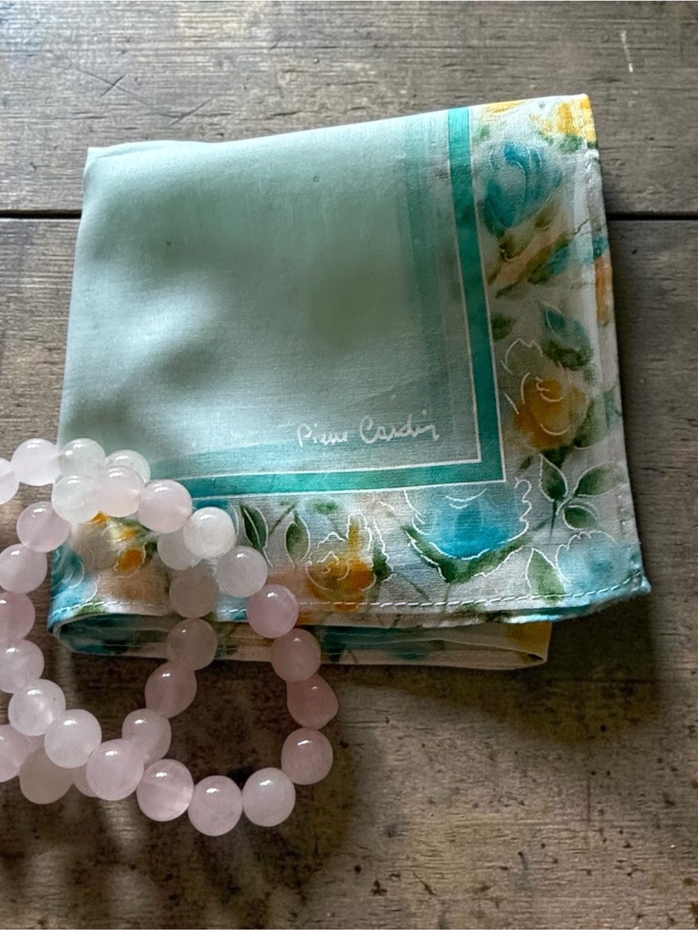 Vintage PIERRE CARDIN Handkerchief Floral Blue Yellow Roses White Cotton Scarf - Picture 3 of 7